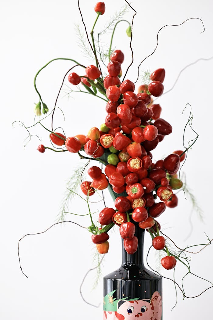 gallery-1 Dynamic floral arrangement with vibrant red berries in a playful vase.